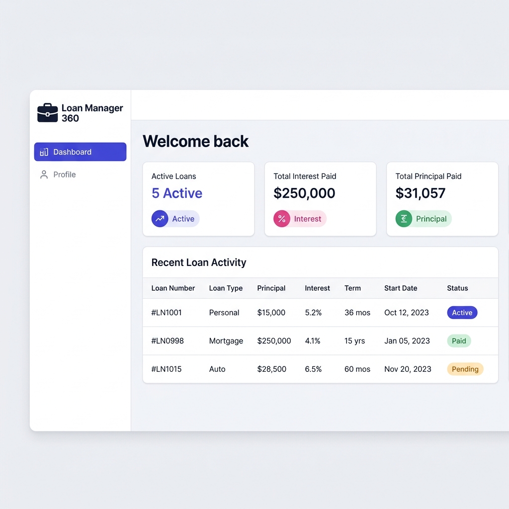 Loan Manager 360 Dashboard — premium loan management interface
